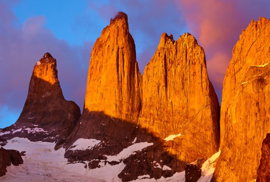 Towers of Paine at purple sunrise, Torres del Paine National Park, Chile